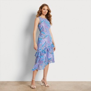 Vestido Sam Edelman Asymmetrical Paisley Midi Accessories Azules | XESGW60691