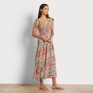 Vestido Sam Edelman Smock Floral Midi Accessories Rosas | ESCIF28757