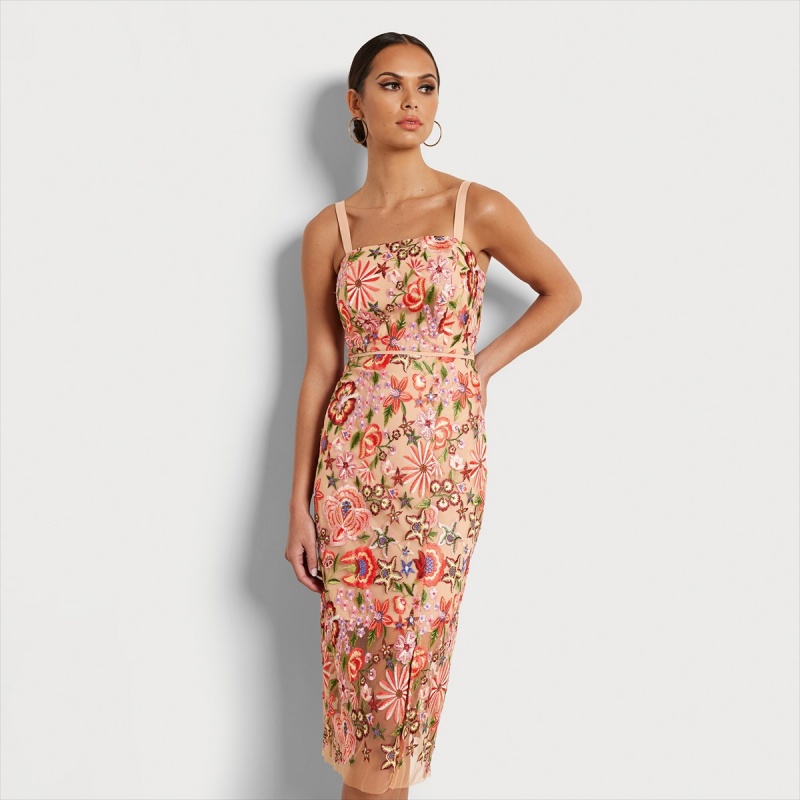 Vestido Sam Edelman Floral Embroidered Midi Accessories Nude Multi | TESWZ96290