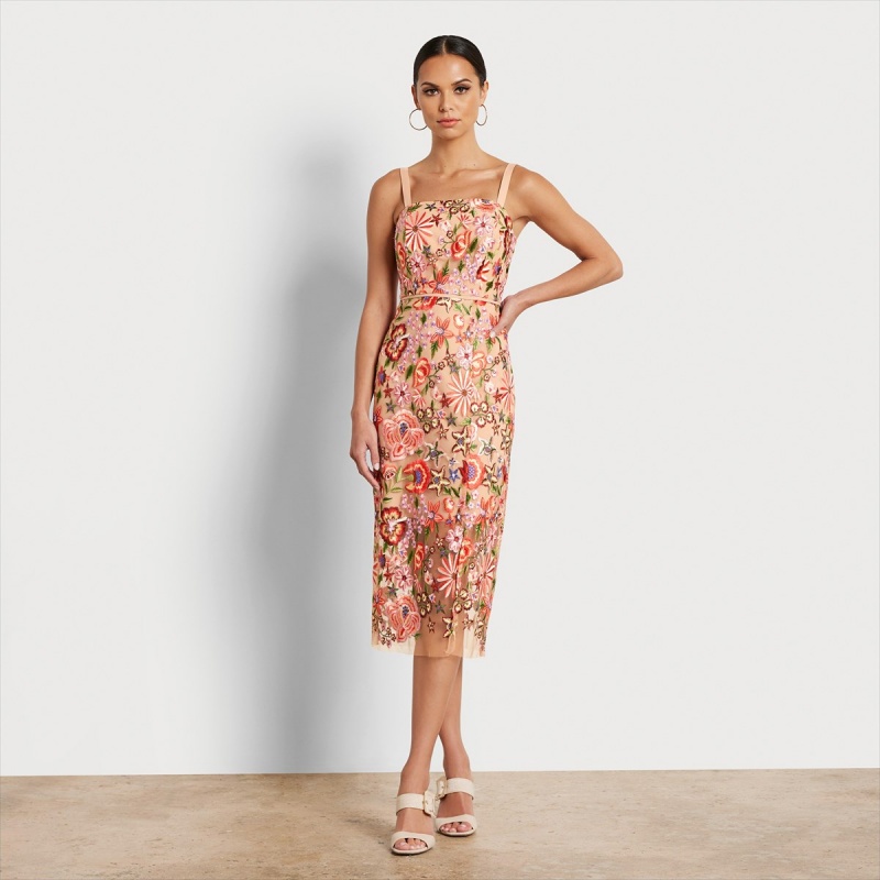 Vestido Sam Edelman Floral Embroidered Midi Accessories Nude Multi | TESWZ96290