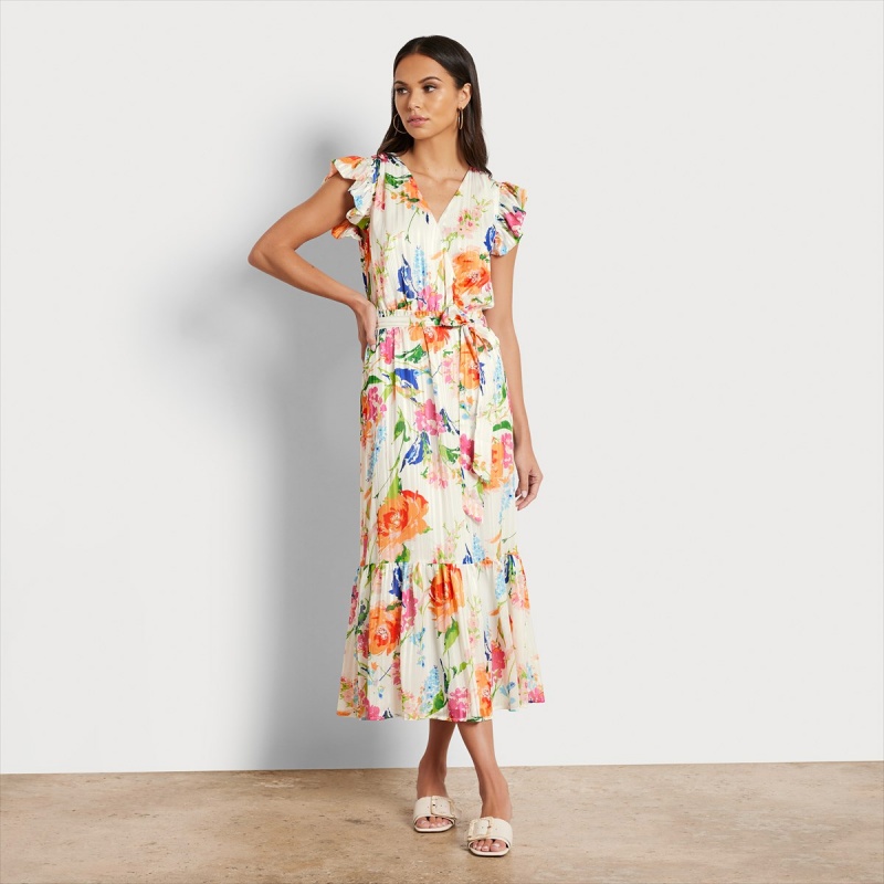 Vestido Sam Edelman Floral V-neck Midi Accessories Blancas | LESTR94965