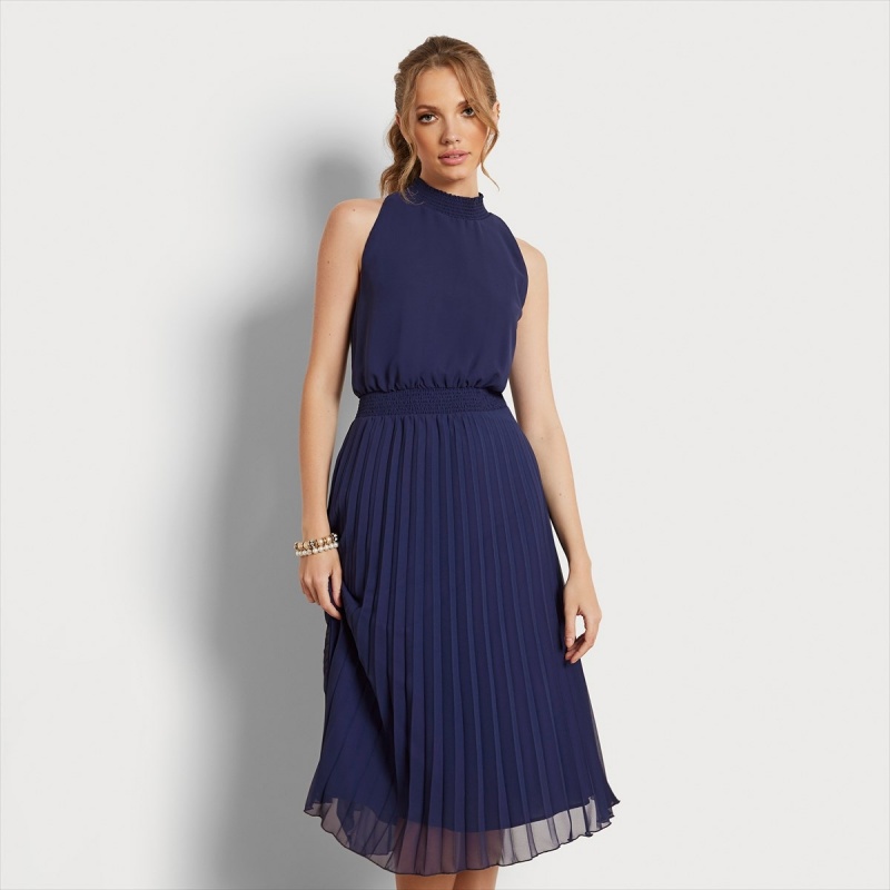 Vestido Sam Edelman High Neck Midi Accessories Azul Marino | LESSX26896