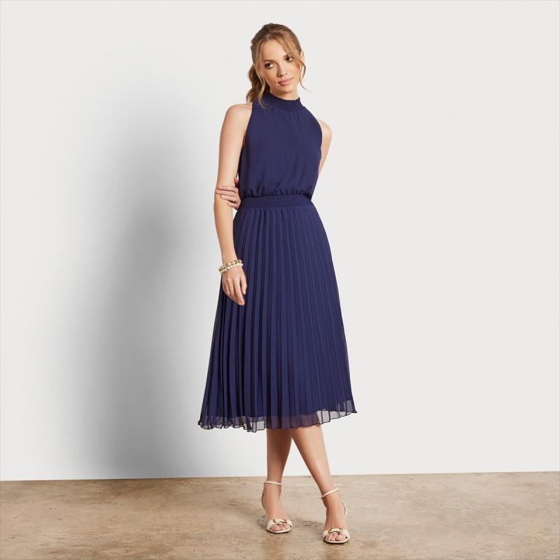 Vestido Sam Edelman High Neck Midi Accessories Azul Marino | LESSX26896