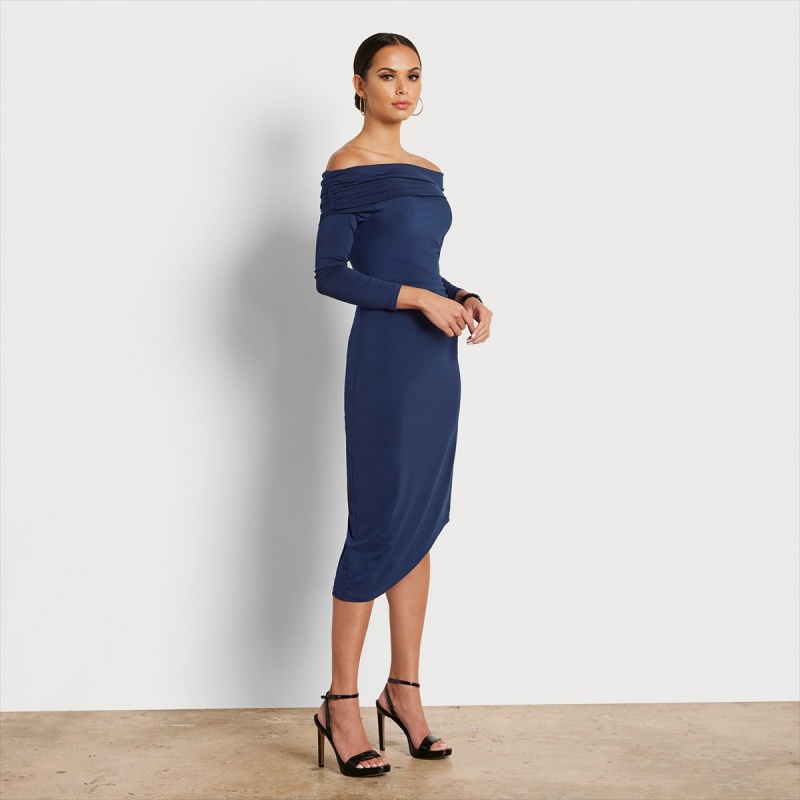 Vestido Sam Edelman Off Shoulder Midi Accessories Azul Marino | XESGW92383