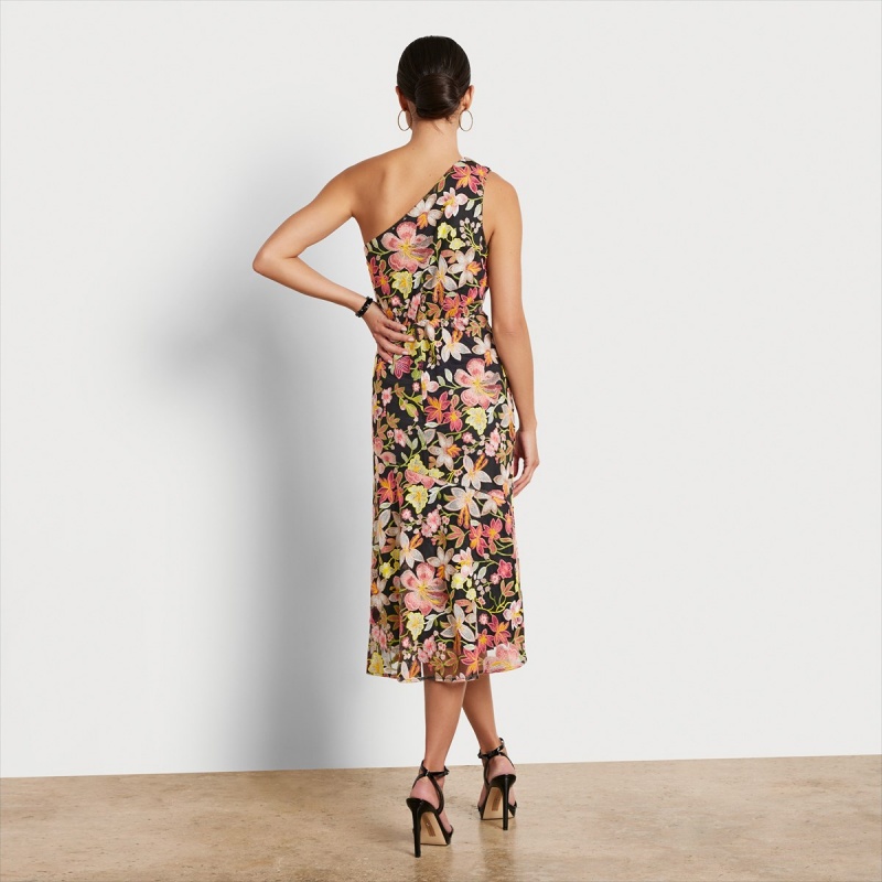 Vestido Sam Edelman One Shoulder Embroidered Floral Midi Accessories Peach Multi | ESDYB74966