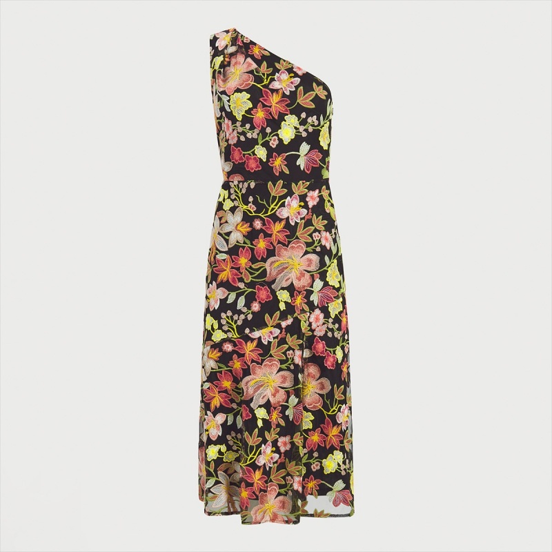 Vestido Sam Edelman One Shoulder Embroidered Floral Midi Accessories Peach Multi | ESDYB74966