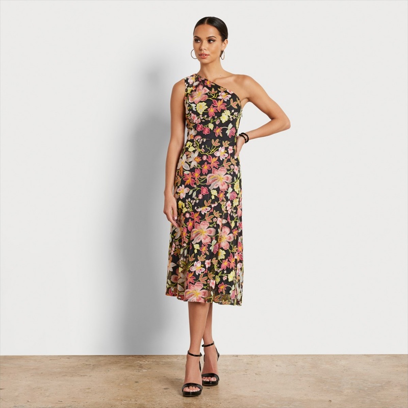 Vestido Sam Edelman One Shoulder Embroidered Floral Midi Accessories Peach Multi | ESDYB74966