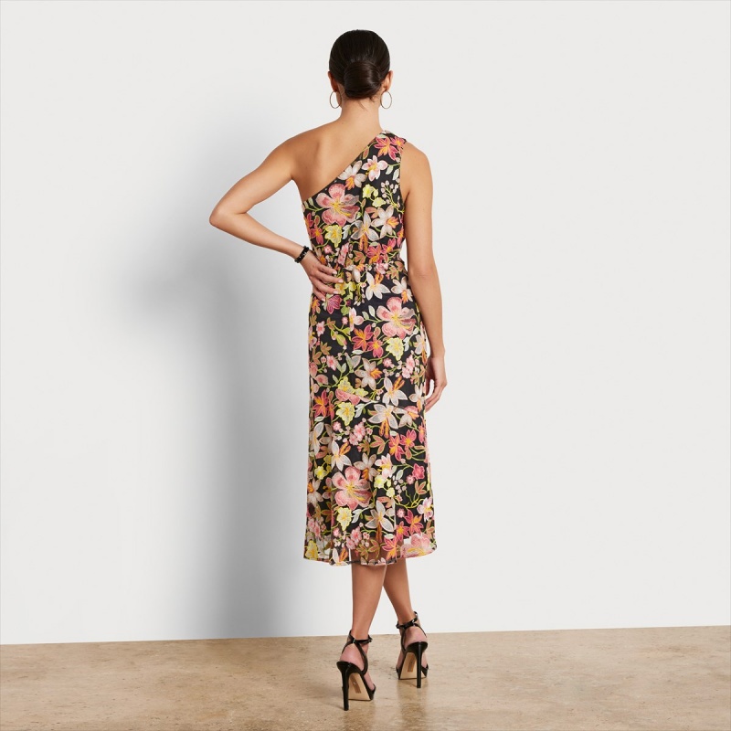 Vestido Sam Edelman Shoulder Embroidered Floral Midi Accessories Peach Multi | ESCIF27594