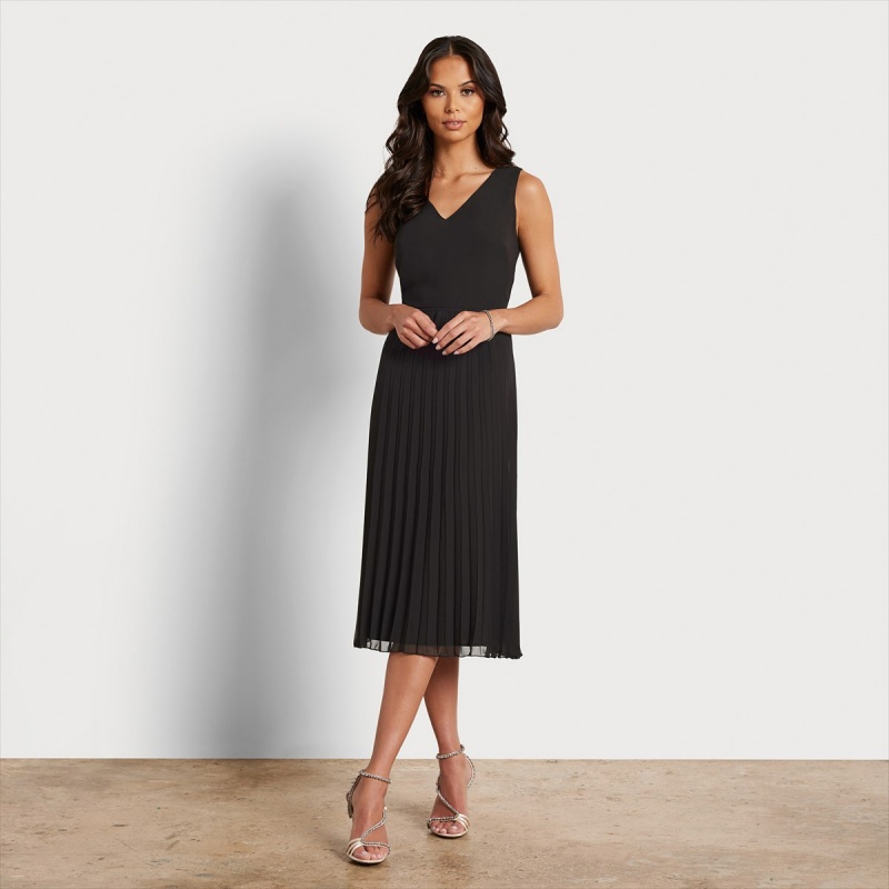 Vestido Sam Edelman V-neck Plisado Midi Accessories Negras | ESCIF74807